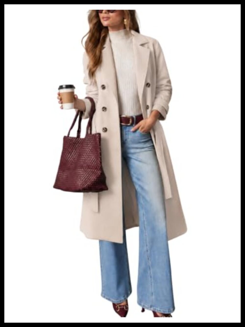 Wool Blend Pea Coat Winter Long Trench Coat Belted